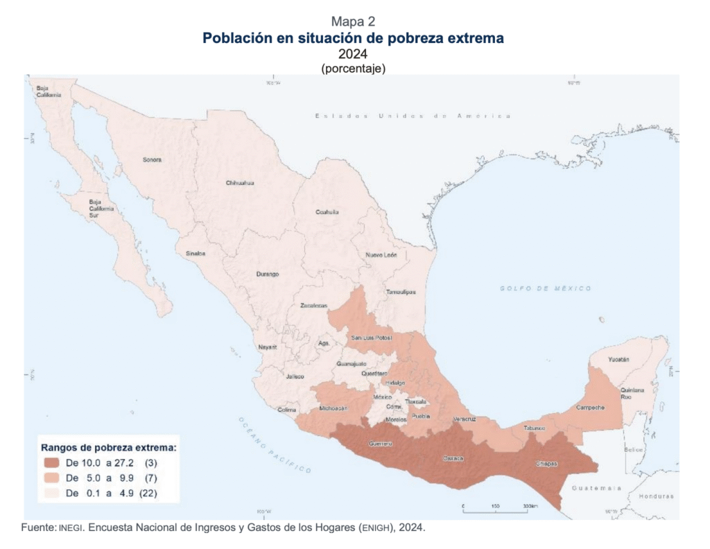 Mapa de población en pobreza extrema, México. Fuente: INEGI.